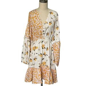 River Island Yellow Floral Patchwork long Sleeve Ruffle Boho Cottage Dress